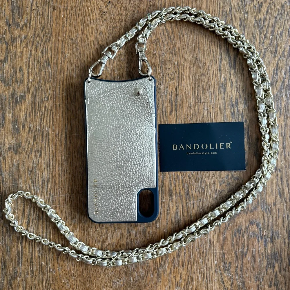 Bandolier Gold iPhone X Case Gold Chain Strap Emma Pebble Leather Crossbody